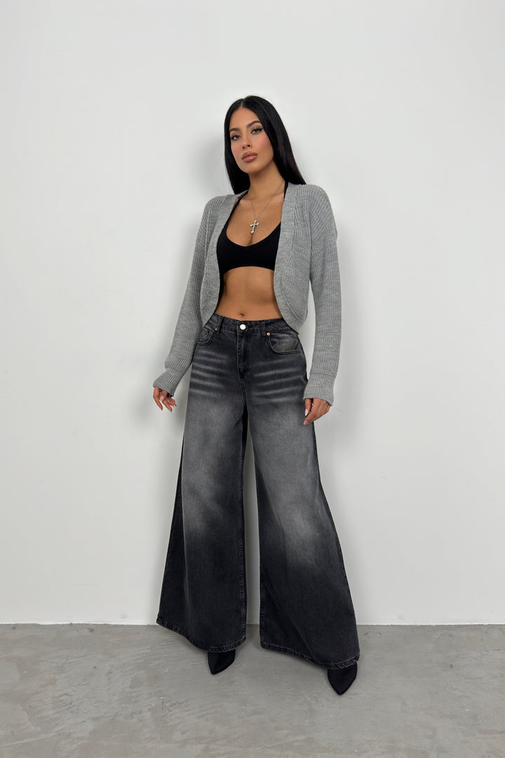 Biyeli Crop Gri Triko Hırka