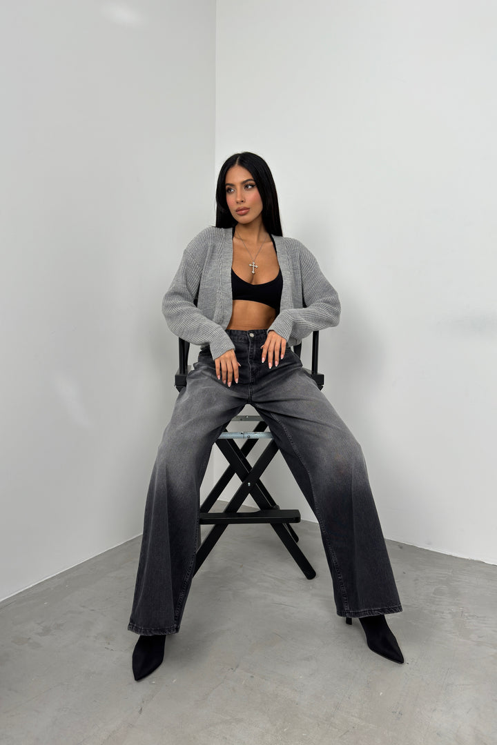 Biyeli Crop Gri Triko Hırka