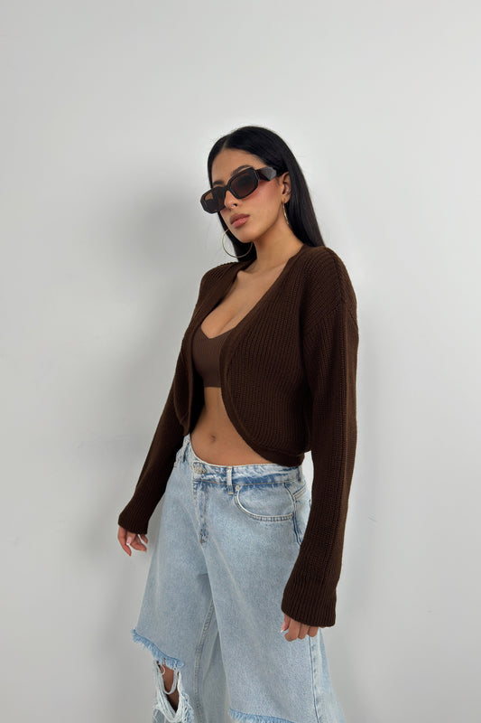 Crop Brown Knitted Cardigan with Piping 