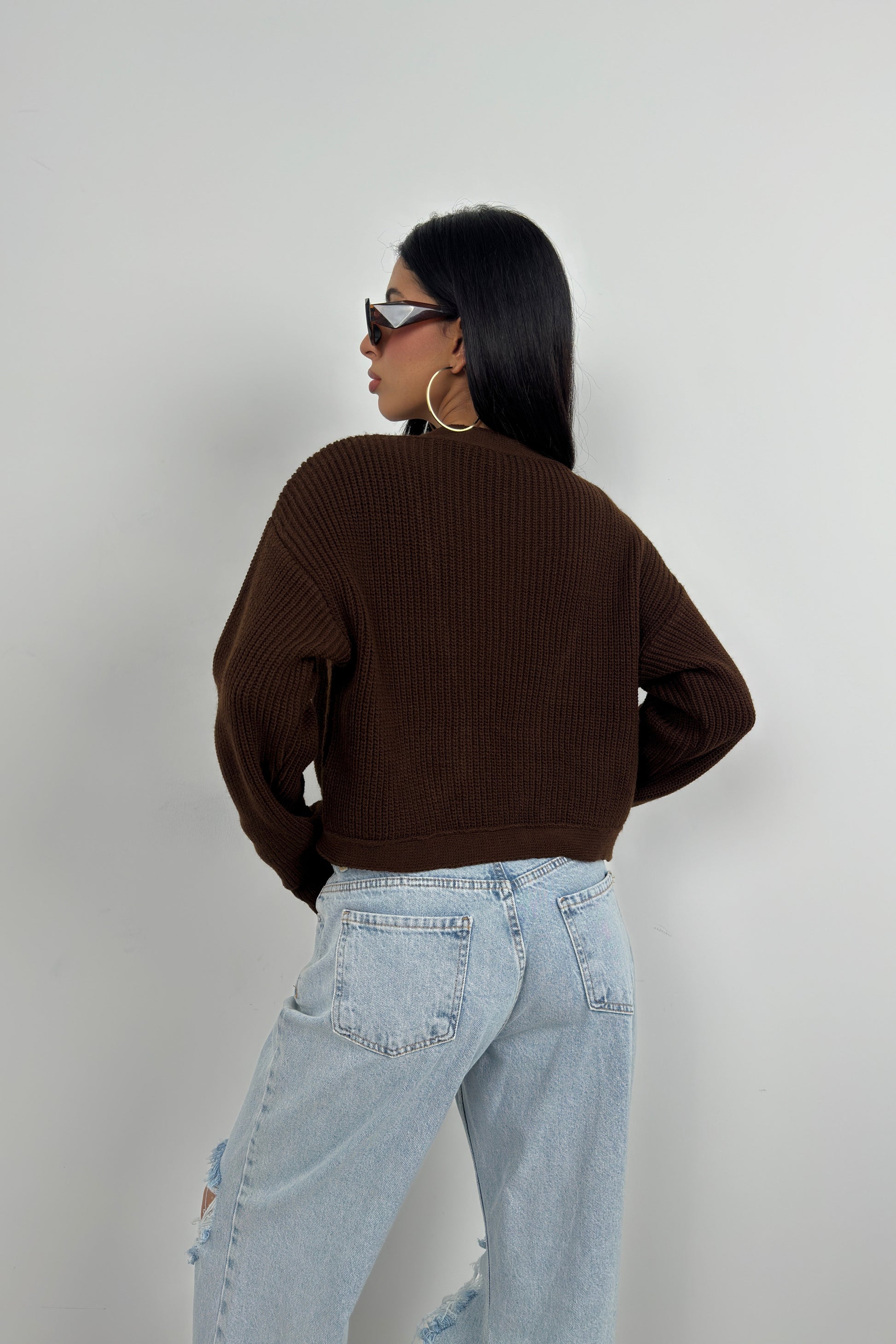 Crop Brown Knitted Cardigan with Piping 