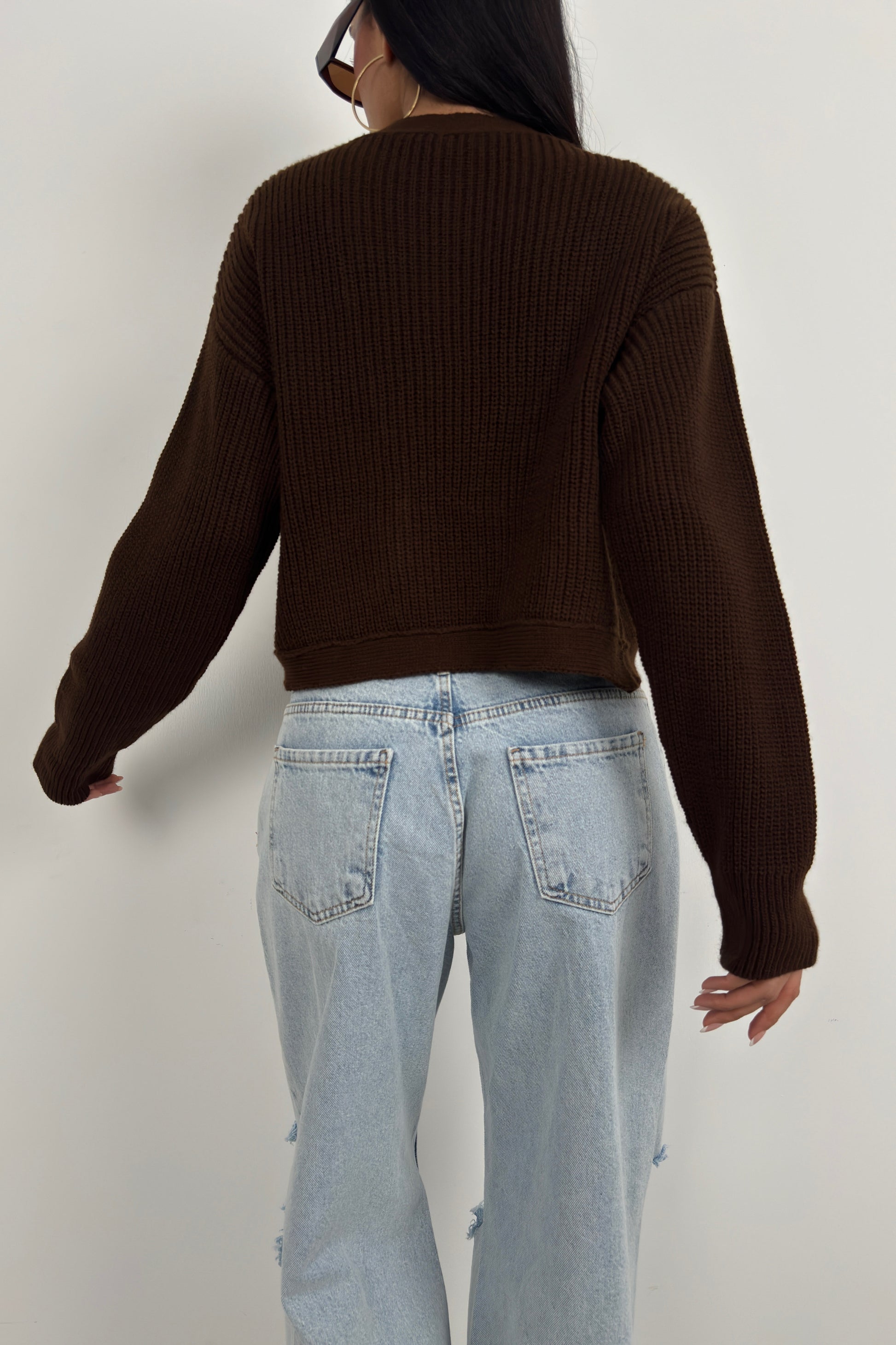 Crop Brown Knitted Cardigan with Piping 