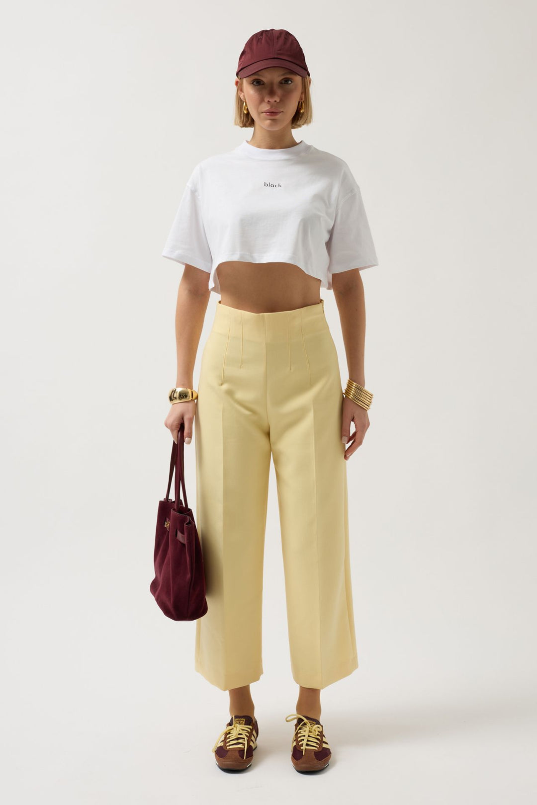 Black Printed Crop White T-Shirt 