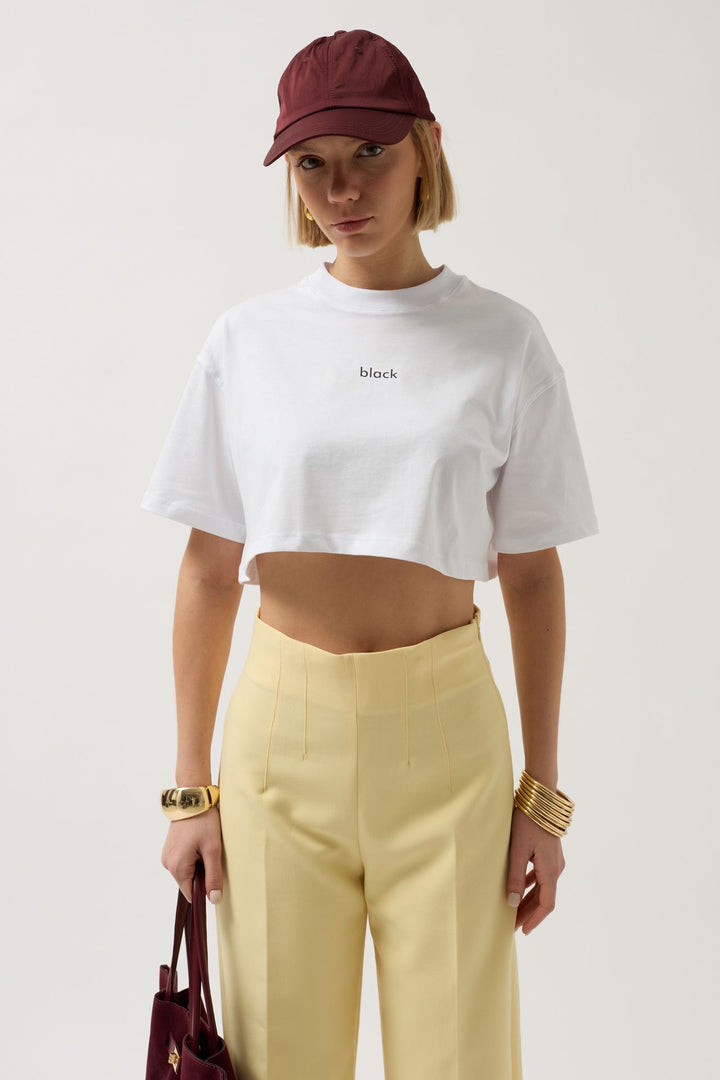 Black Printed Crop White T-Shirt 