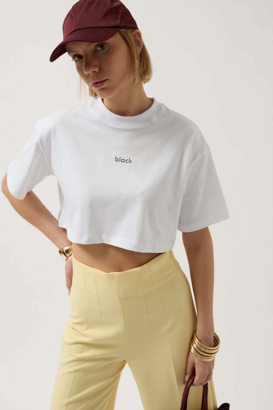 Black Printed Crop White T-Shirt 