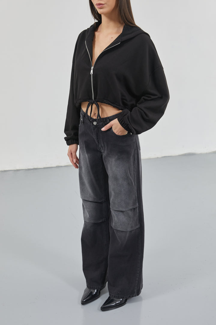 Low Waist Knee Fold Black Jeans 