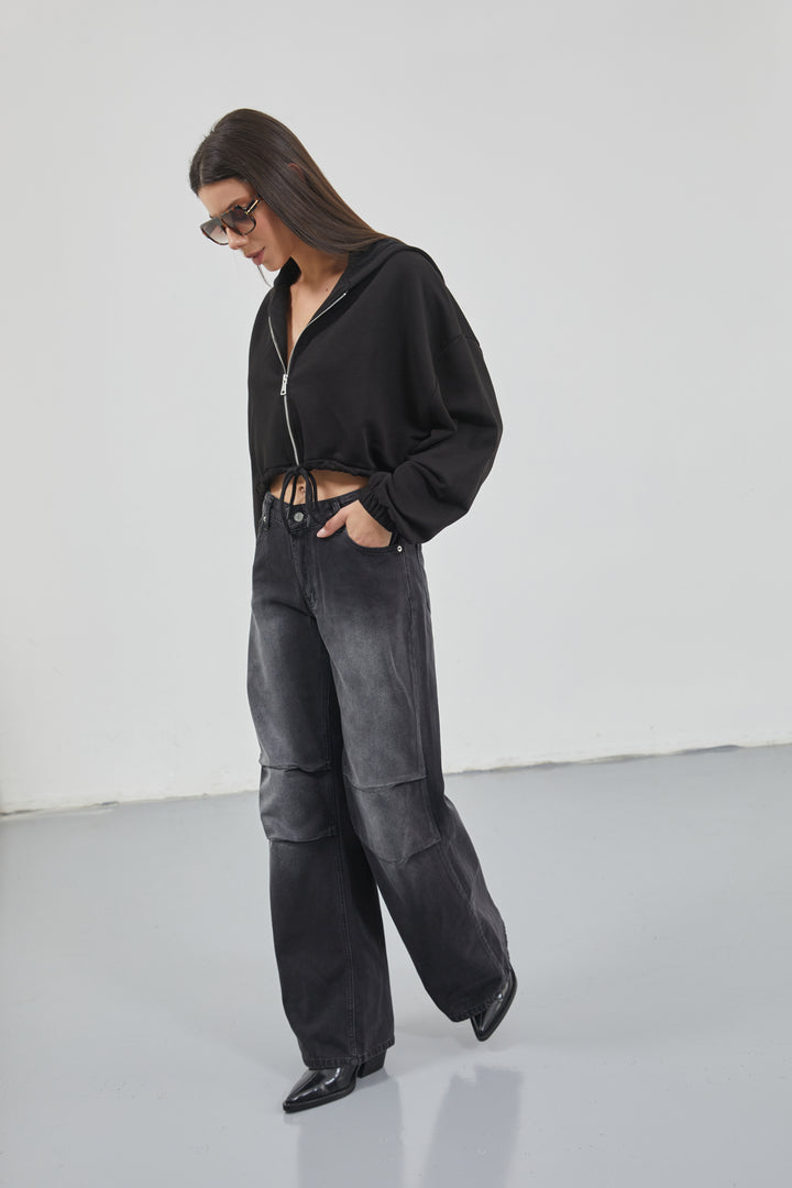 Low Waist Knee Fold Black Jeans 