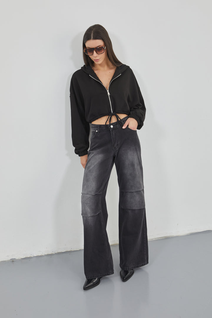 Low Waist Knee Fold Black Jeans 