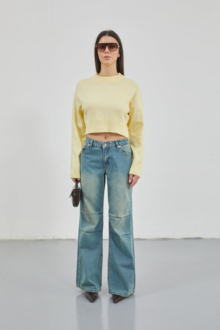 Low Waist Knee Fold Blue Jeans 