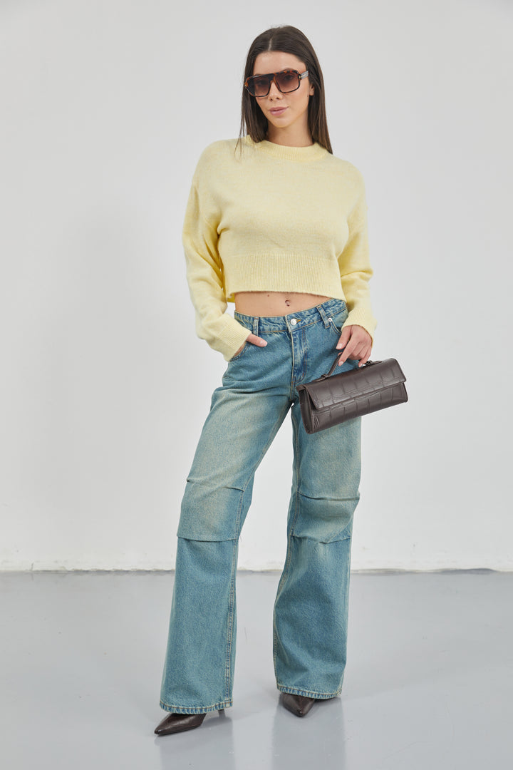 Low Waist Knee Fold Blue Jeans 