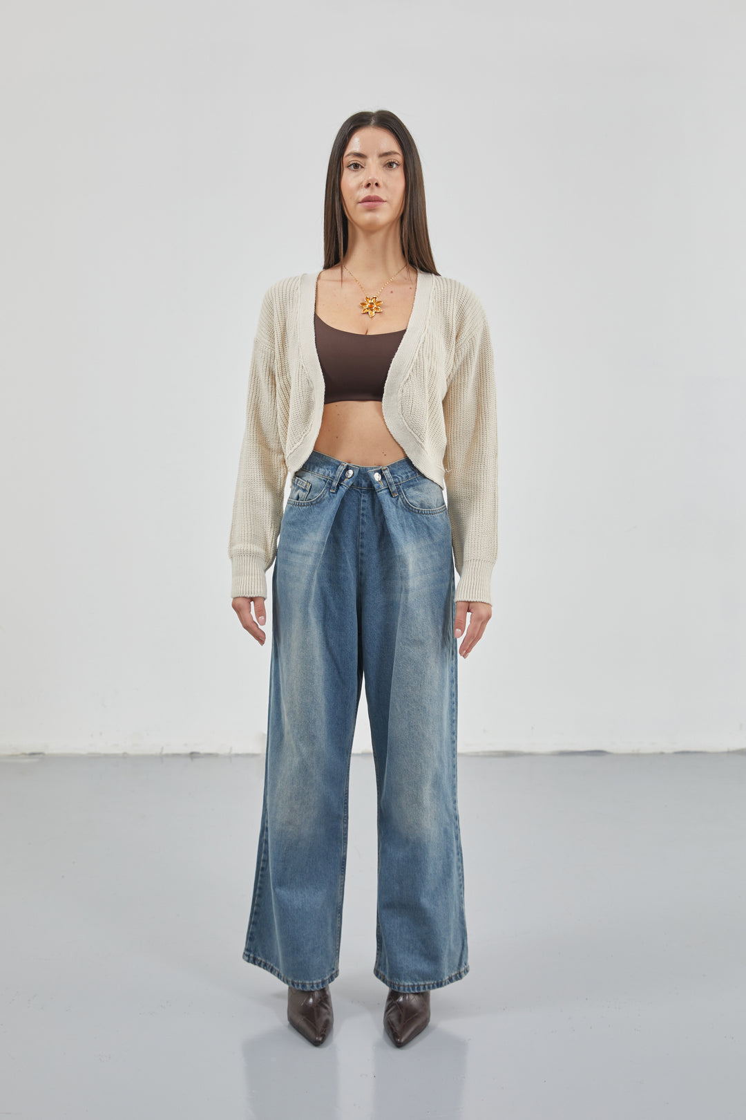 Low Waist Double Button Blue Wide Leg Jeans 