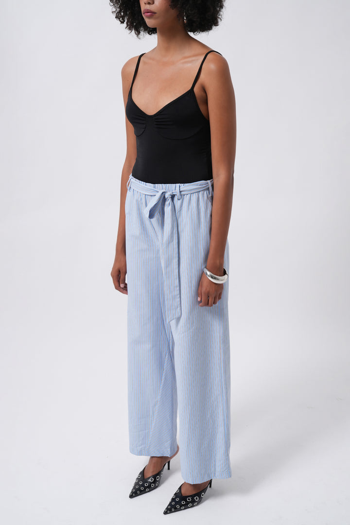 Kuşak Detay Çizgili Mavi Pantolon