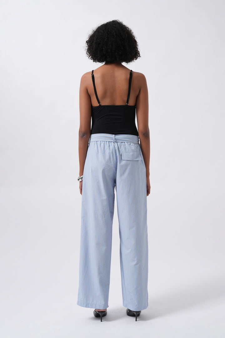 Kuşak Detay Çizgili Mavi Pantolon