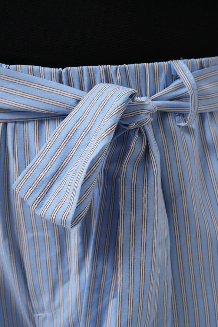 Kuşak Detay Çizgili Mavi Pantolon