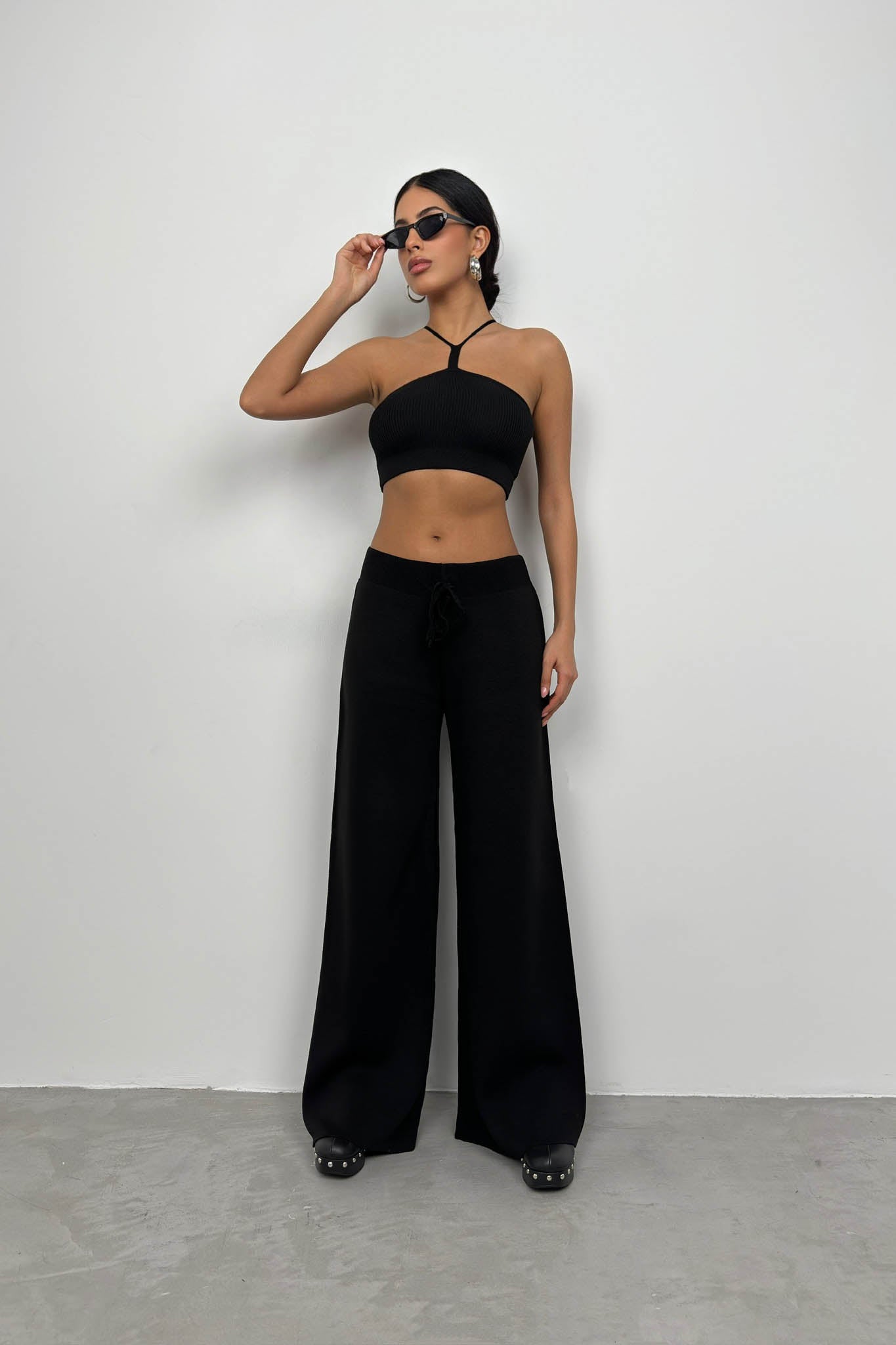 Wide Leg Black Knit Sweatpants 