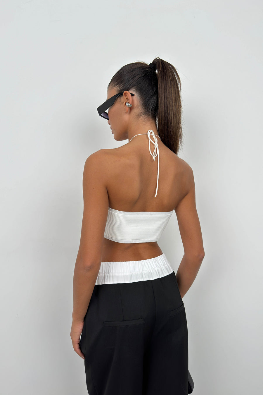 Neck Banded Gathered White Crop