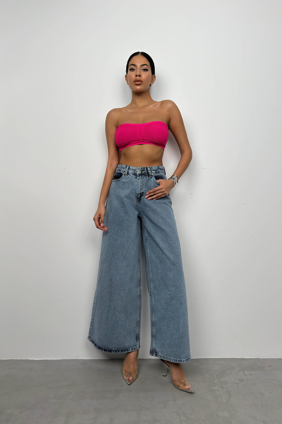 Neck Banded Gathered Fuchsia Crop 