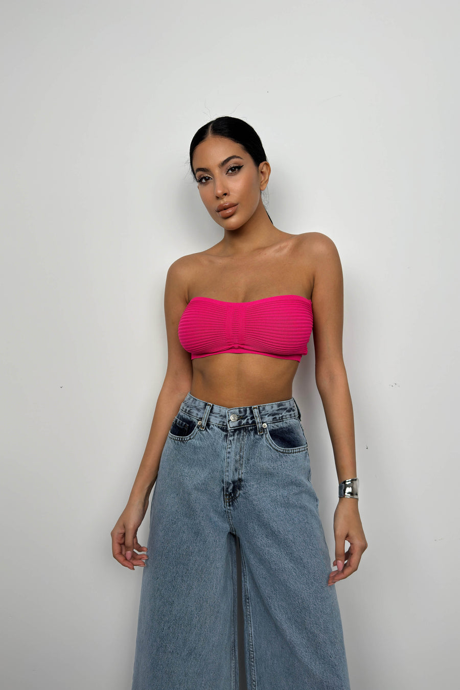 Neck Banded Gathered Fuchsia Crop 