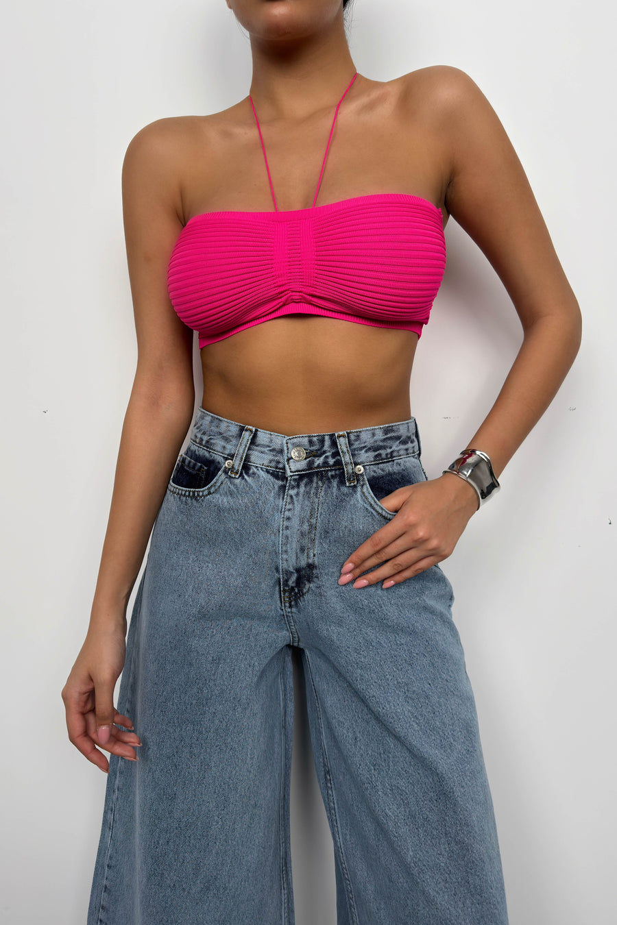 Neck Banded Gathered Fuchsia Crop 