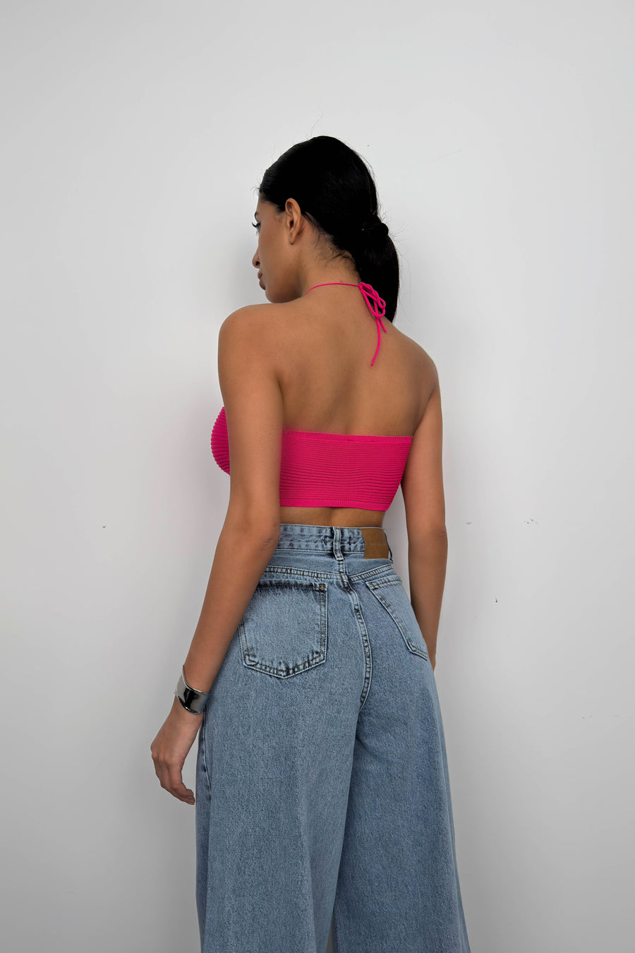 Neck Banded Gathered Fuchsia Crop 