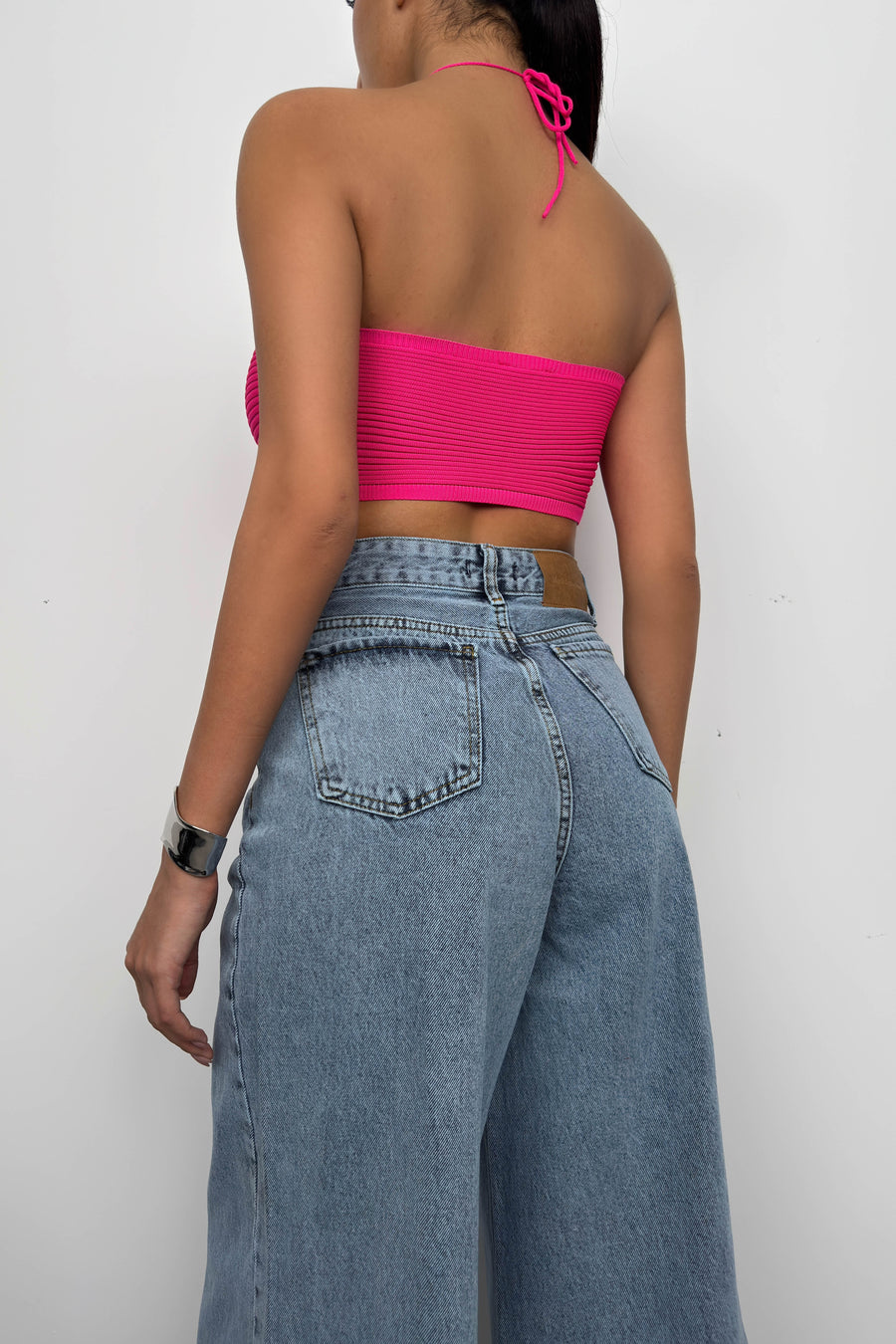 Neck Banded Gathered Fuchsia Crop 