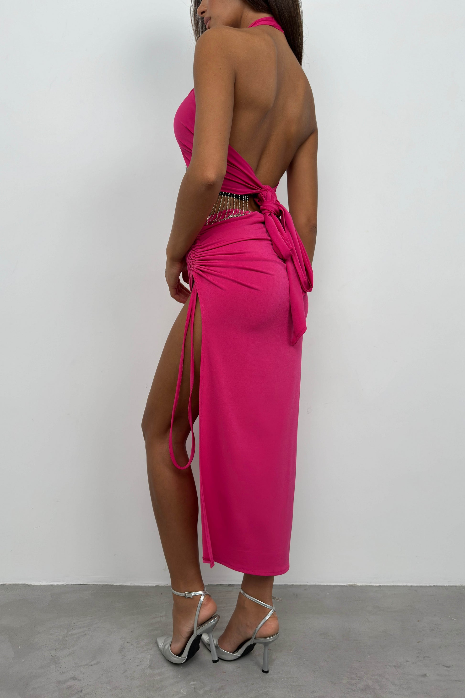 Neck Banded Stoned Fuchsia Dress