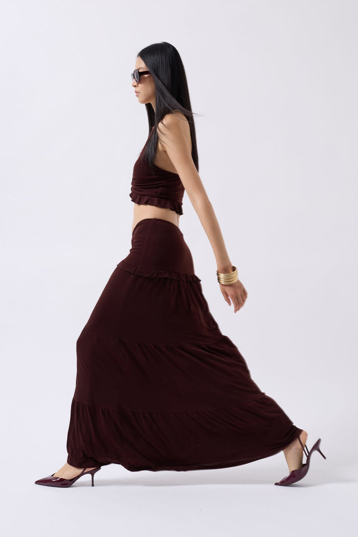 Büzgü Detay Asimetrik Bel Kahverengi Etek