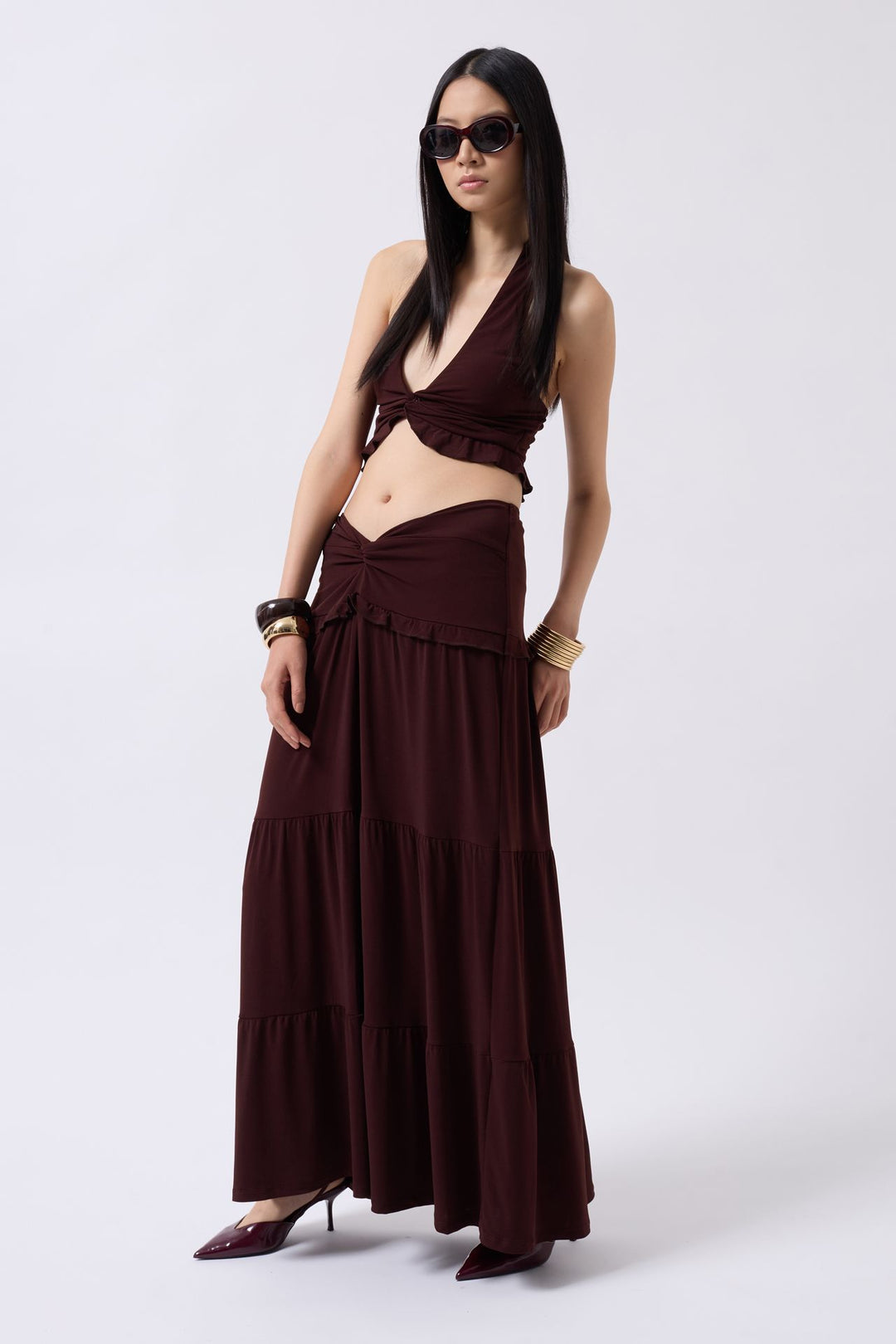 Büzgü Detay Asimetrik Bel Kahverengi Etek