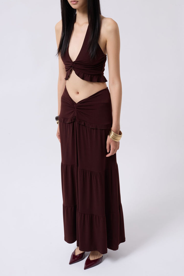 Büzgü Detay Asimetrik Bel Kahverengi Etek