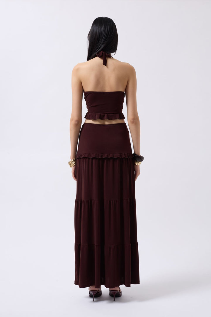 Büzgü Detay Asimetrik Bel Kahverengi Etek