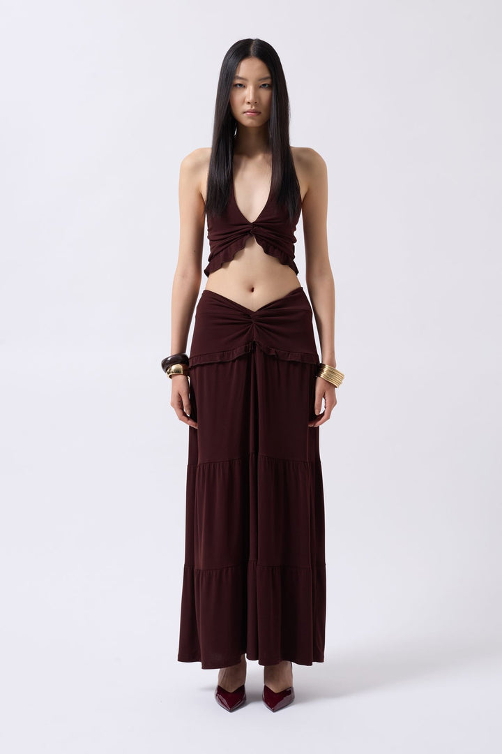 Büzgü Detay Asimetrik Bel Kahverengi Etek