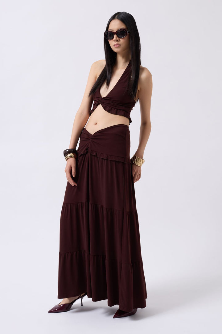 Büzgü Detay Asimetrik Bel Kahverengi Etek