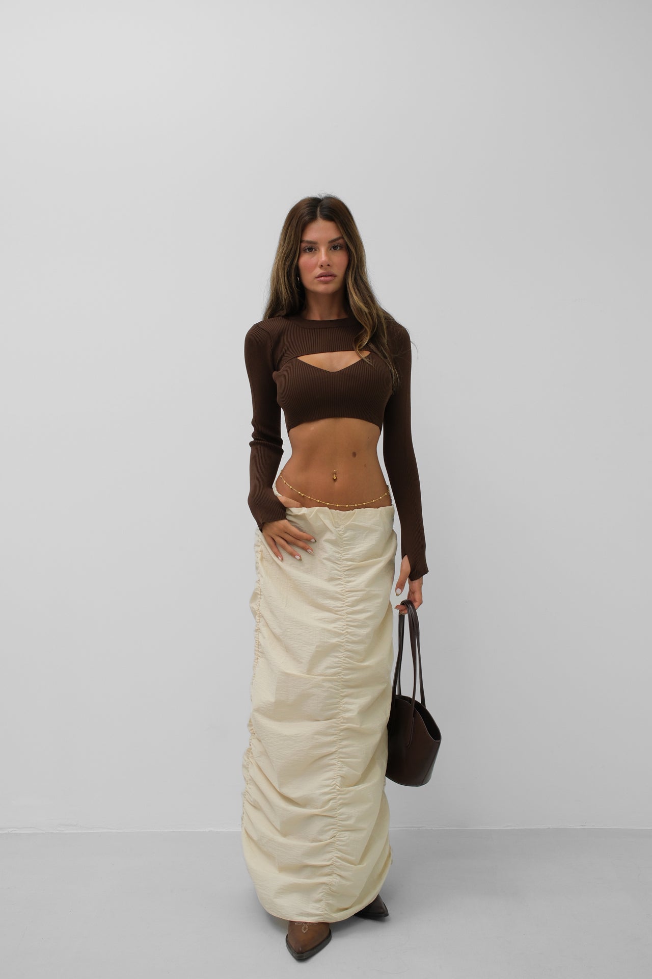 Gathered Detail Beige Maxi Skirt 