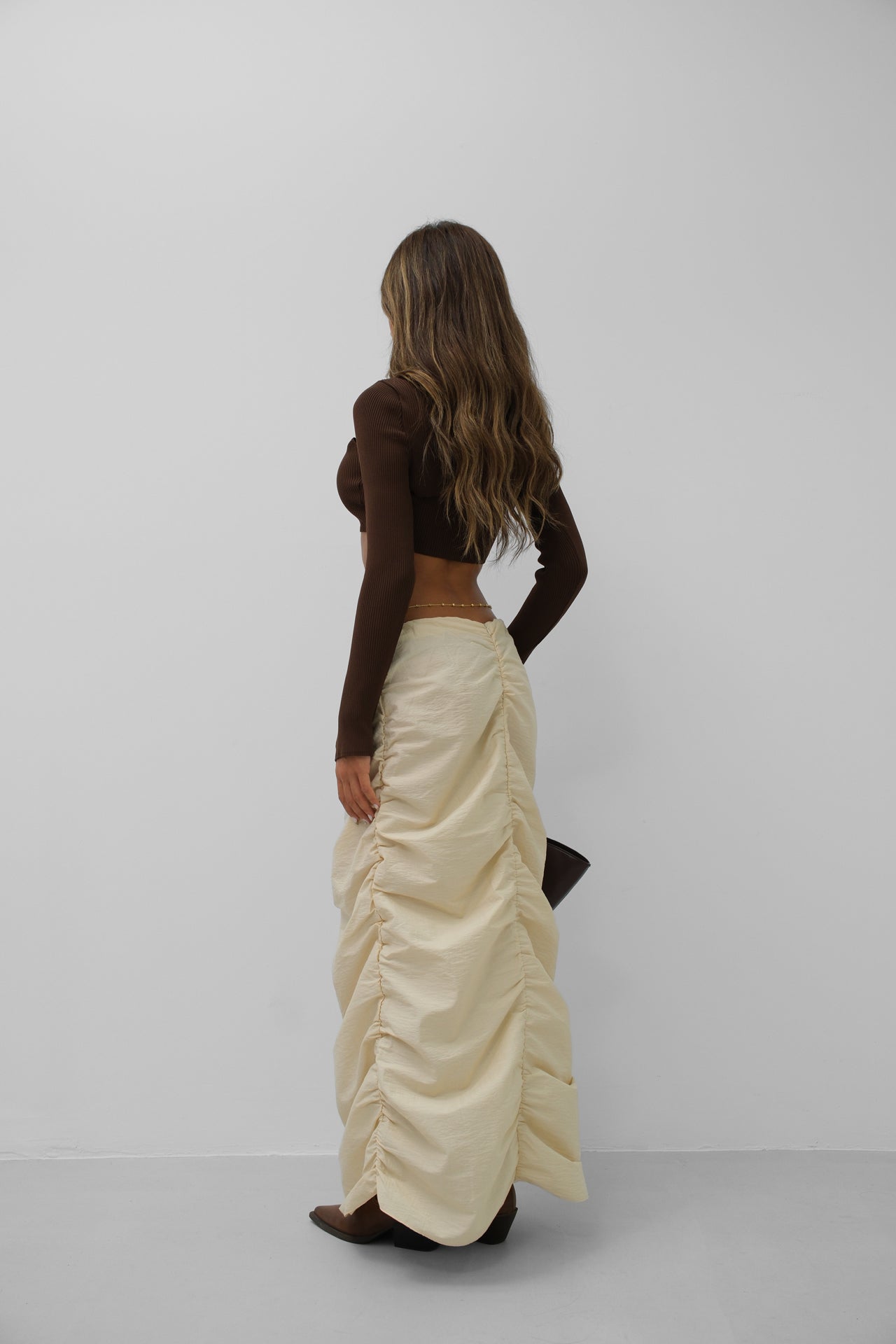 Gathered Detail Beige Maxi Skirt 