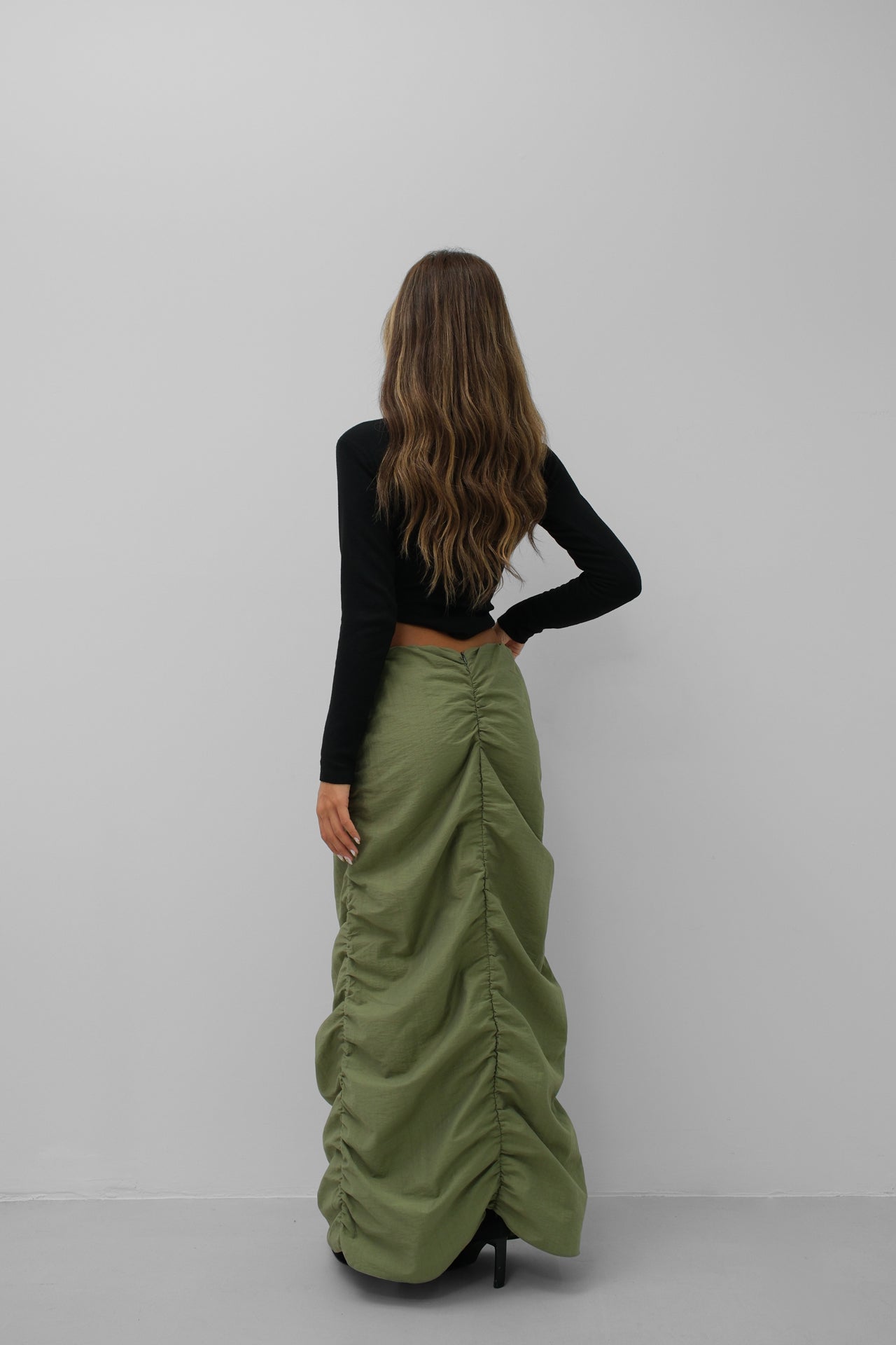 Gathered Detail Khaki Maxi Skirt 