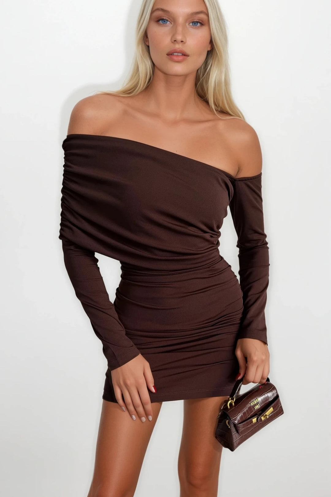 Büzgü Detay Kahverengi Straplez Mini Elbise