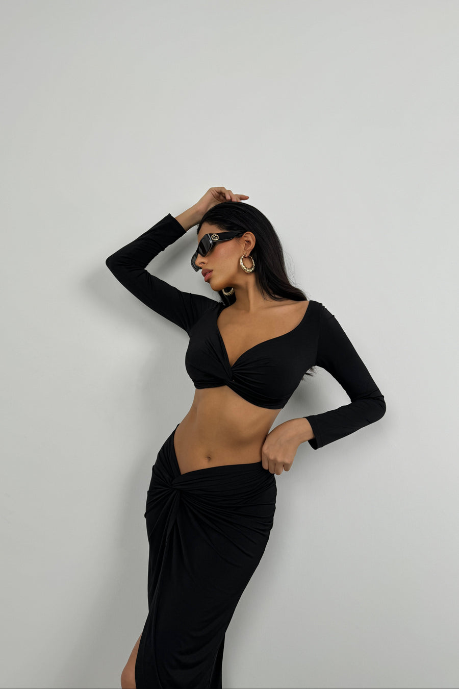 Gathered Detail Long Sleeve Black Crop Blouse 