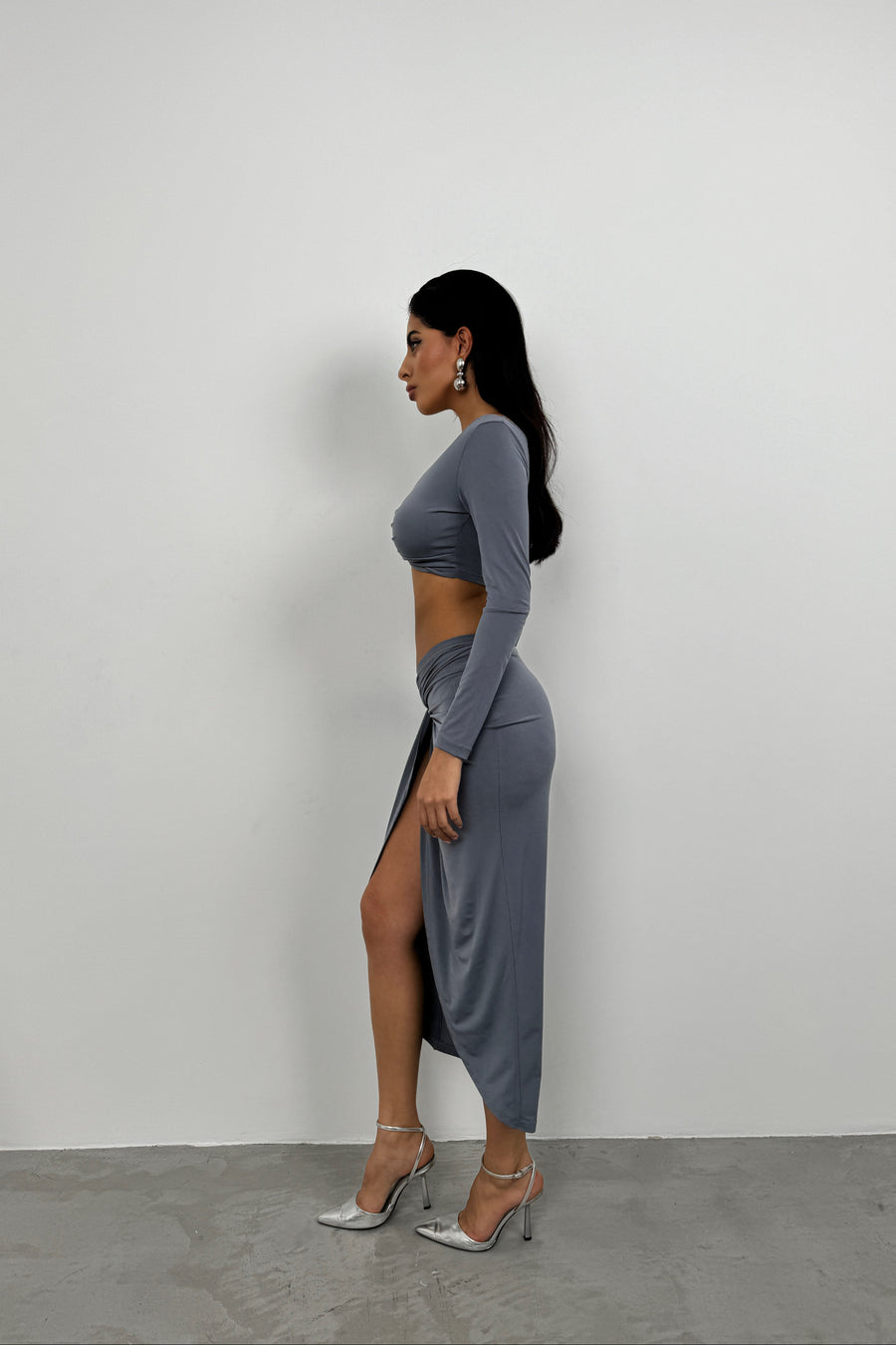 Gathered Detail Grey Slit Skirt 