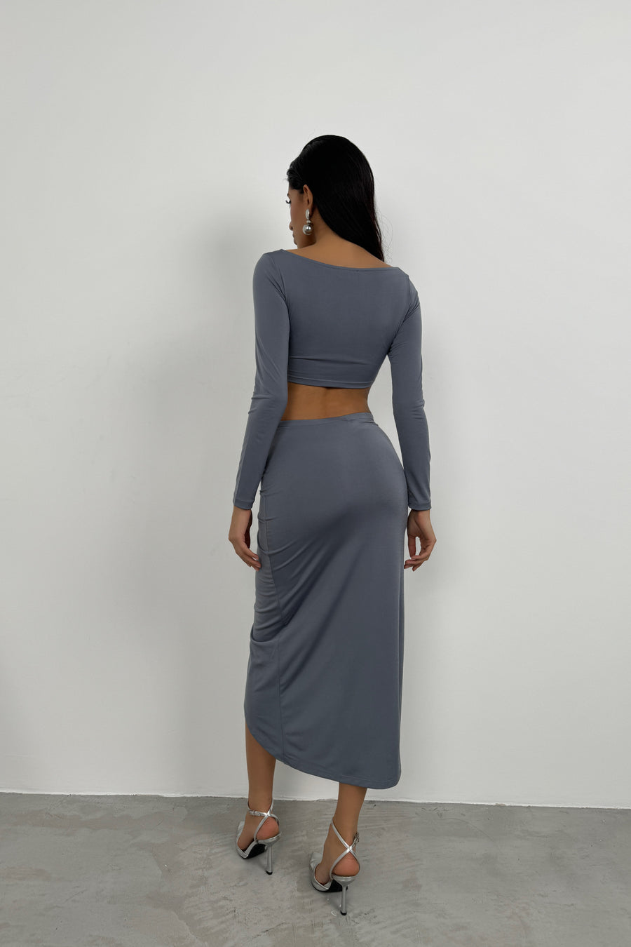 Gathered Detail Grey Slit Skirt 