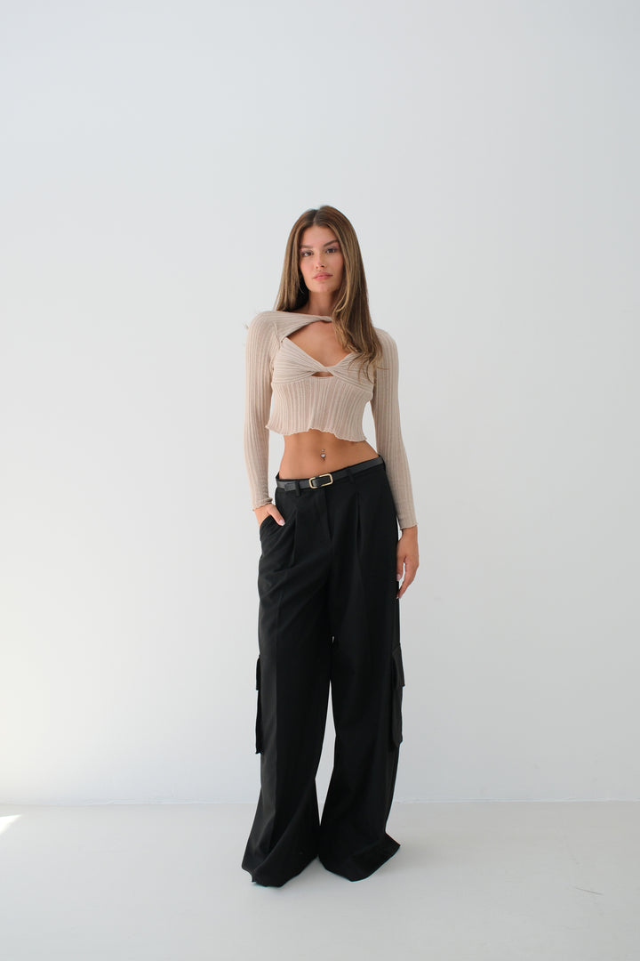 Büzgülü Bej Cutout Bej Bluz