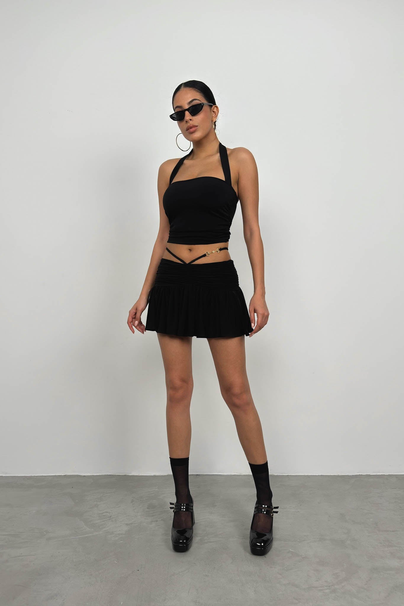 Gathered Elastic Waist Black Mini Skirt