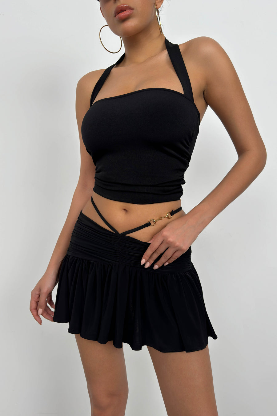 Gathered Elastic Waist Black Mini Skirt