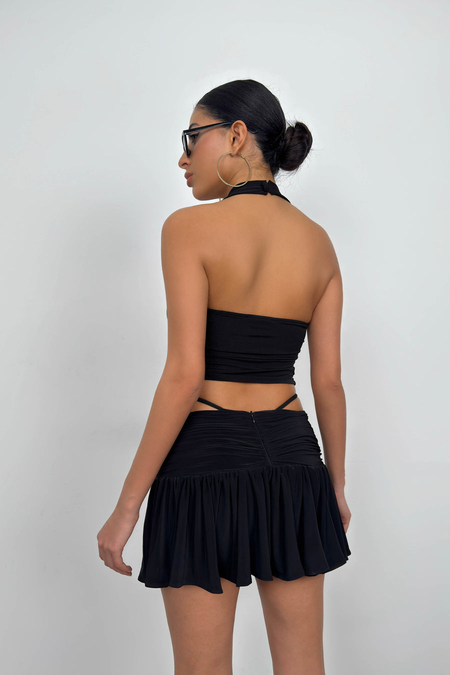 Gathered Elastic Waist Black Mini Skirt