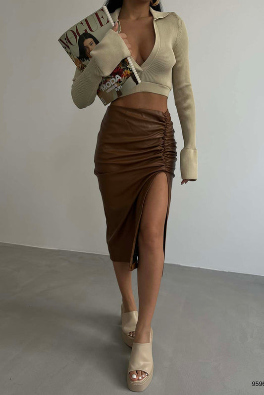 Gathered Brown Leather Skirt 