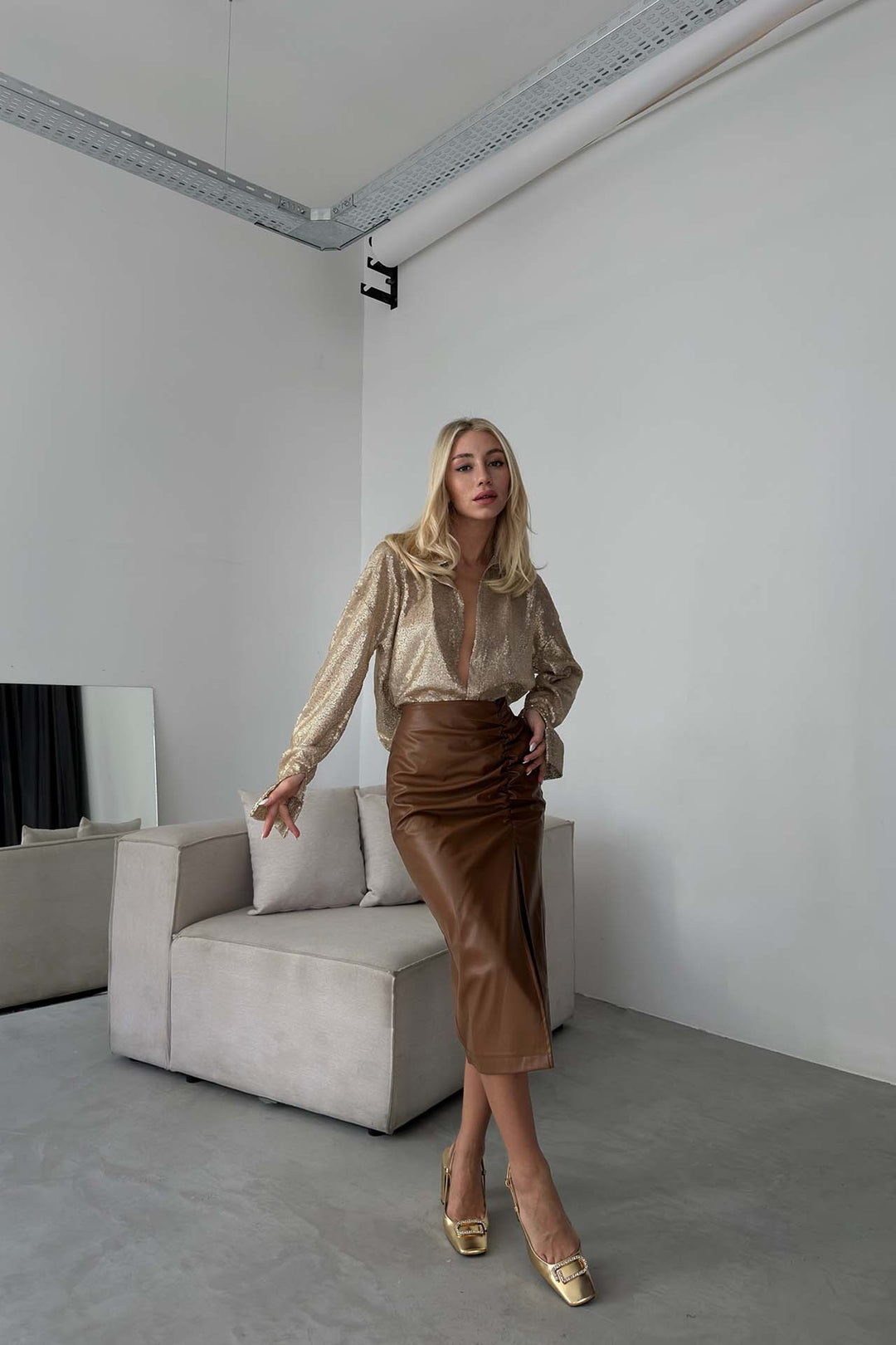 Gathered Brown Leather Skirt 