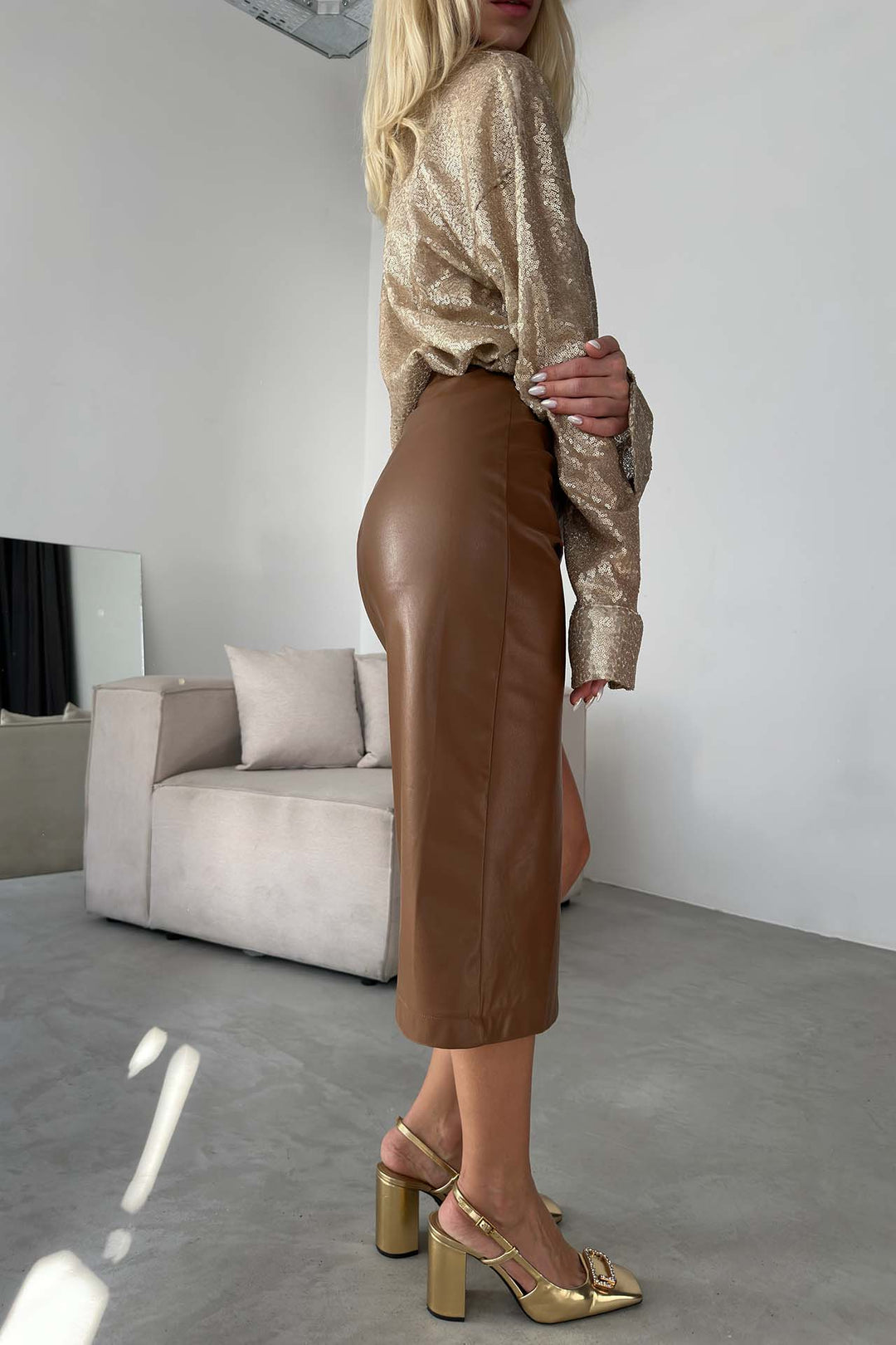 Gathered Brown Leather Skirt 
