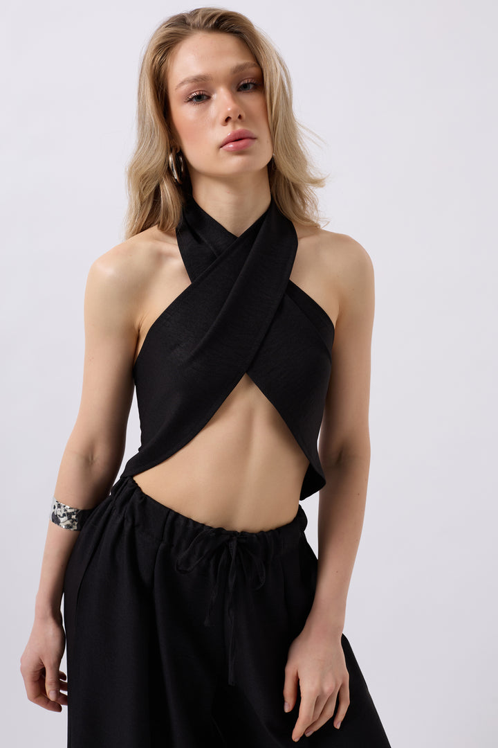 Cross-Lace Linen Black Crop