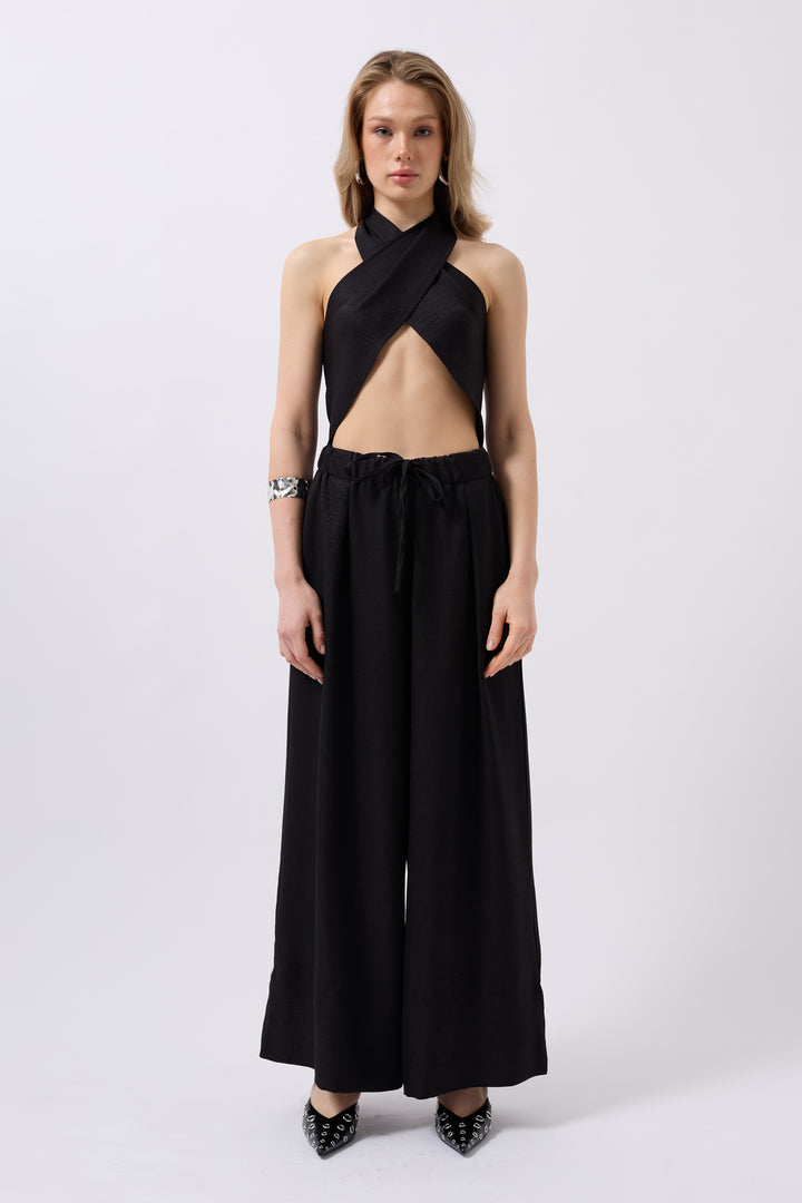Cross-Lace Linen Black Crop
