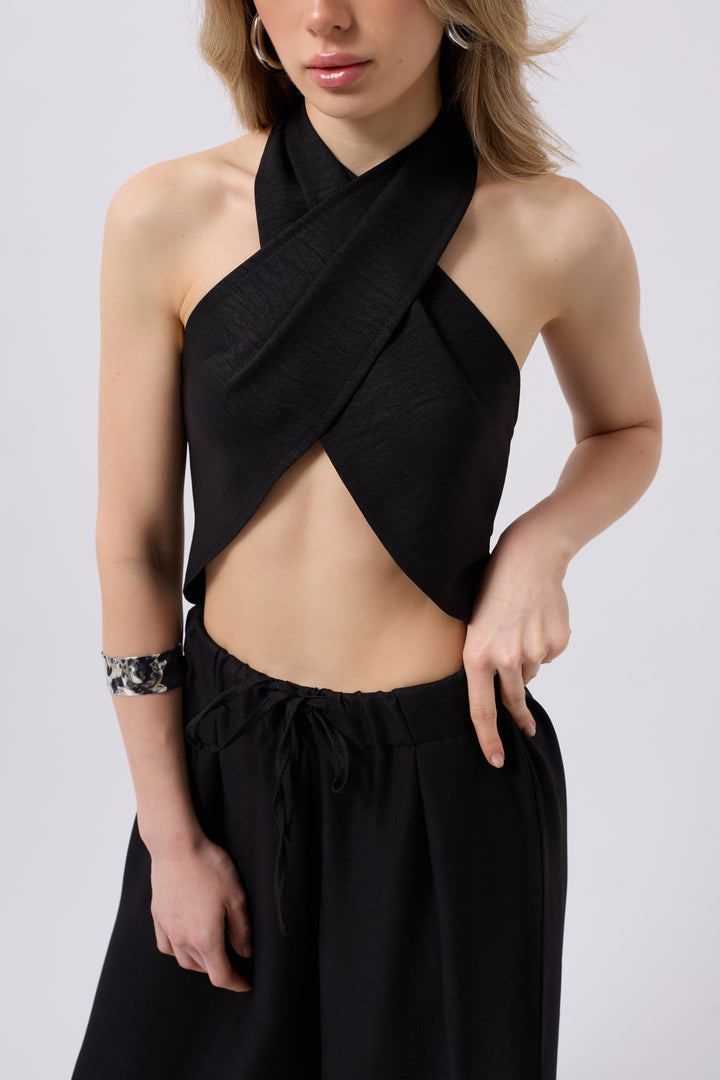 Cross-Lace Linen Black Crop