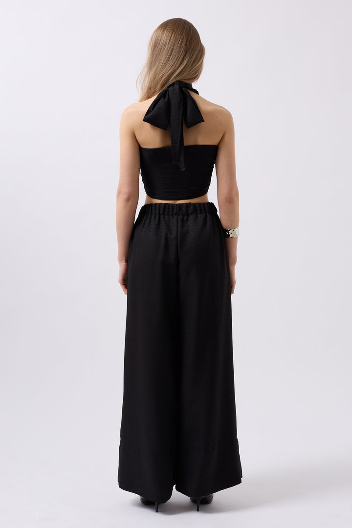 Cross-Lace Linen Black Crop