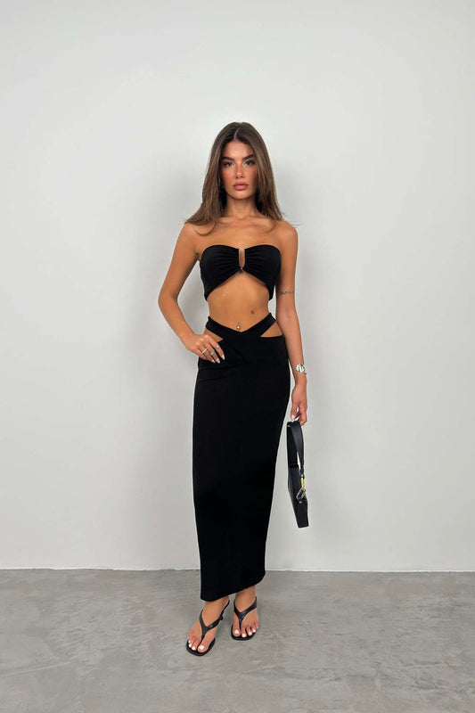 Crisscross Waist Black Maxi Skirt 